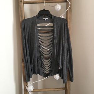 Gray open cardigan with open slits on the back